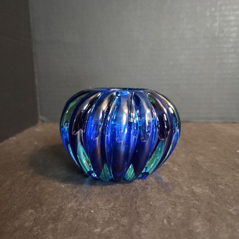 Art Glass Sommerso Blue Green Round Ribbed Melon Candle Holder 3.5"×2.5"